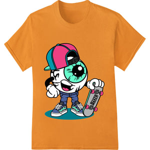 Edgy cartoon skateboarder character design in black and white, printed using direct to film (DTF) heat transfer technology