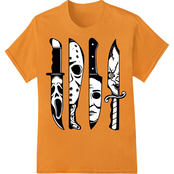 Black and white edgy graphic design featuring knives and horror elements, ideal for direct-to-film printing on apparel