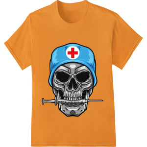 A detailed illustration of a human skull with an edgy, medical theme, perfect for Halloween apparel using DTF printing.