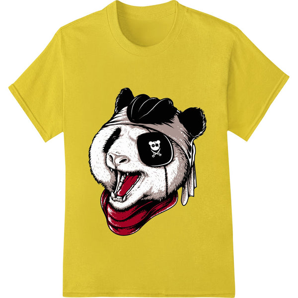 Black and white illustration of a panda skull wearing a pirate hat and eye patch in an edgy style, suitable for DTF printing