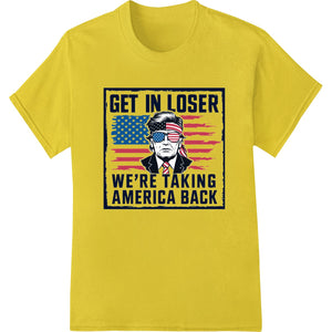 Bold DTF print design with American flag colors and text 'Taking America Back' in an edgy distressed style