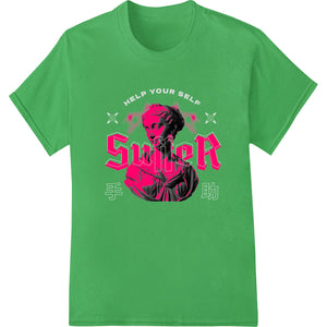 Edgy pink silhouette design with the word 'Super' in bold text, printed using Direct to Film heat transfer technology.