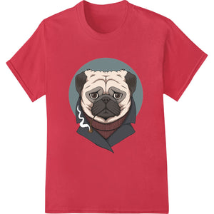 Edgy black and white illustration of a pug dog with urban streetwear style, designed for DTF heat transfer printing.