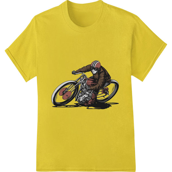 Edgy skeleton racer DTF heat transfer print design featuring a skeleton in motorcycle racing gear, perfect for custom apparel