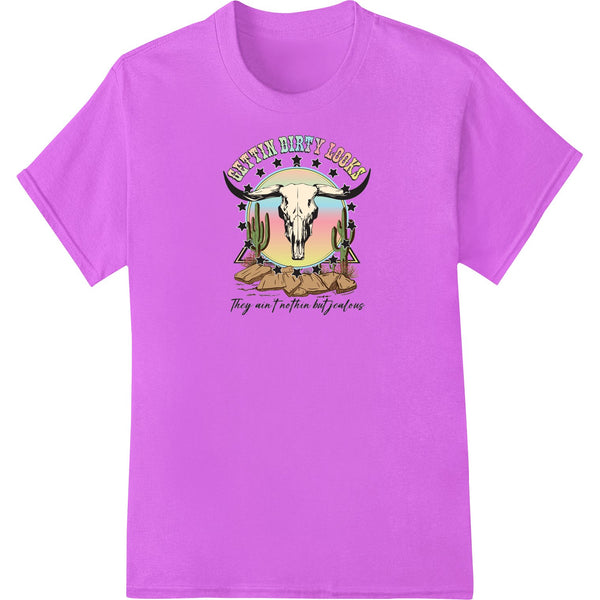 Edgy skull design with desert background, suitable for DTF heat transfers on custom apparel like t-shirts