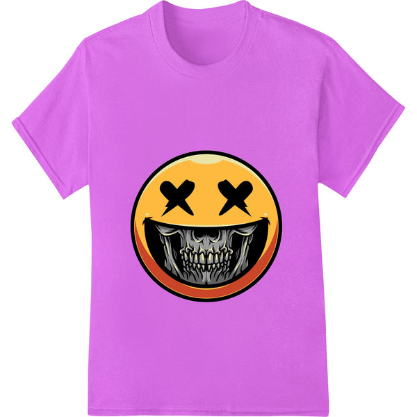 Black and white skull emoji graphic design printed with DTF (direct-to-film) heat transfer for t-shirts and apparel