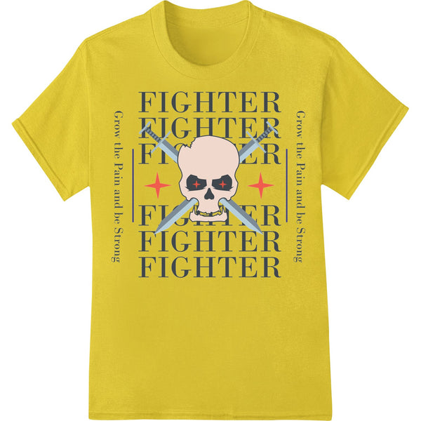 Edgy skull fighter typography design printed using DTF (direct-to-film) heat transfer method for custom apparel printing.