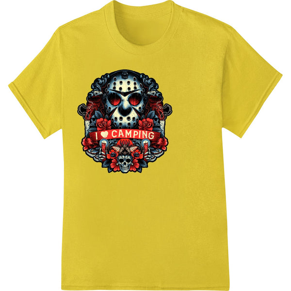 Edgy black skull design with 'I LOVE CAMPING' text in Gothic style font, ideal for direct-to-film t-shirt printing.