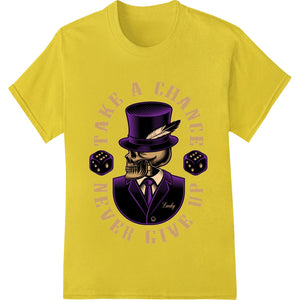 An illustration of a skull wearing a purple top hat, designed as a DTF heat transfer print for custom apparel.