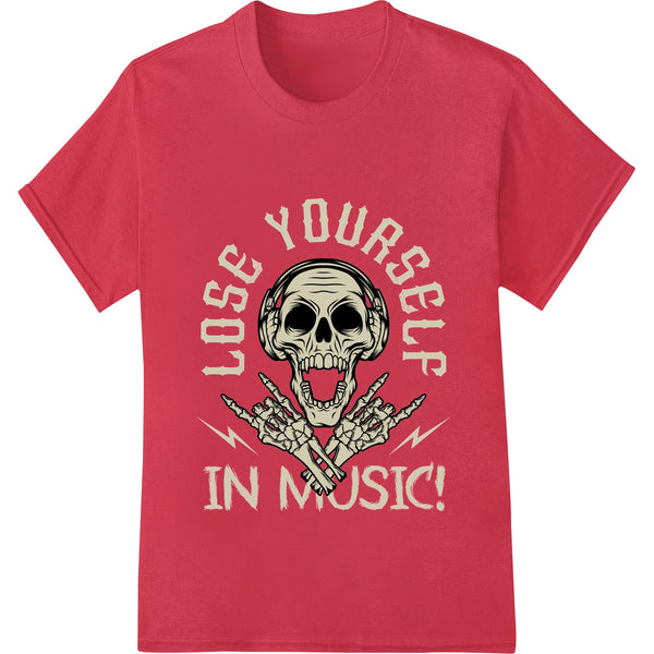 Black and white skull design with 'Lose Yourself In Music' text, perfect for edgy music or rock apparel DTF prints.