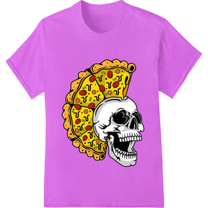 Edgy skull pizza design with bones crisscrossed in the background, perfect for Halloween or bold fashion styles.