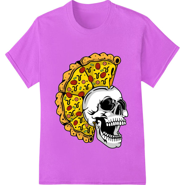 Edgy skull pizza design with bones crisscrossed in the background, perfect for Halloween or bold fashion styles.