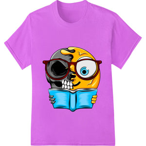 Edgy skull graphic reading a book design printed using the DTF (Direct to Film) heat transfer technique for custom t-shirts.