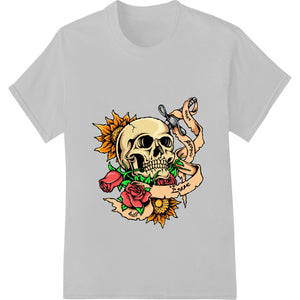 Edgy skull and rose tattoo design in black and gray on a DTF (Direct to Film) print for heat transfer on custom apparel