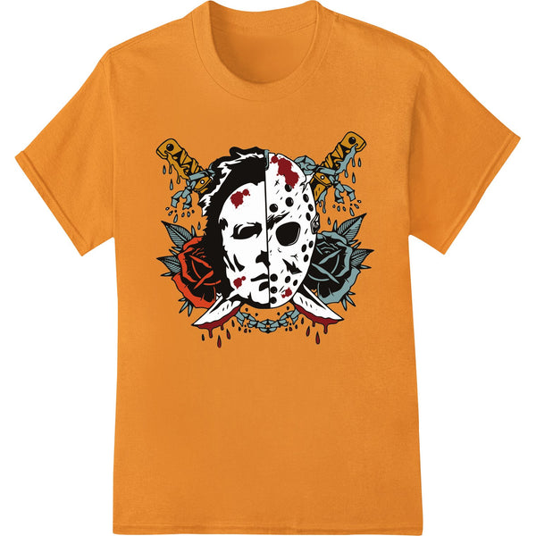 Black and white detailed skull with tattoo style designs, DTF heat transfer print for applying to t-shirts or apparel.