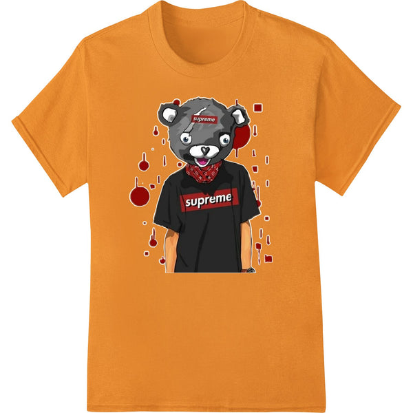 Edgy teddy bear graphic print design with Supreme logo for direct-to-film (DTF) heat transfer on apparel and streetwear