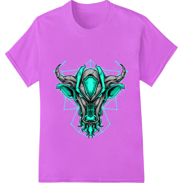 Edgy turquoise bull skull abstract design printed onto a DTF (Direct to Film) transfer for custom heat press apparel.