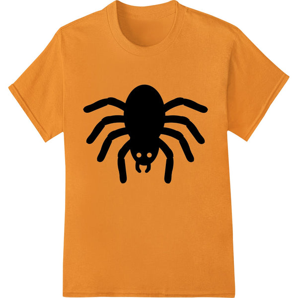 Black spider silhouette design printed with direct-to-film heat transfer for dark Halloween-themed apparel and t-shirts.