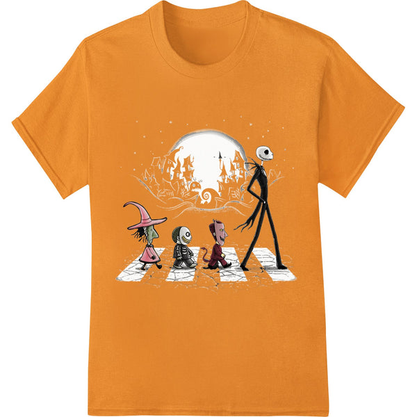 DTF heat transfer design featuring trick-or-treaters being haunted by a shadowy figure on a dark Halloween night.