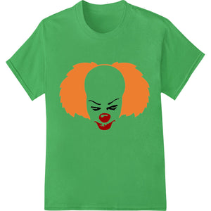 Eerie Pennywise-inspired clown face with red hair, menacing grin, and creepy yellow eyes - a heat transfer design for DTF...