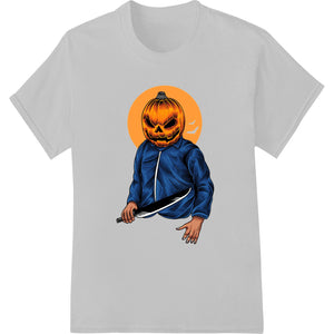 Eerie pumpkin head illustration heat transfer for Halloween and spooky custom t-shirt designs using DTF printing method.