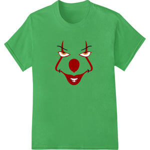 A striking red and white clown face heat transfer design with an eerie and chilling vibe for custom t-shirt printing.