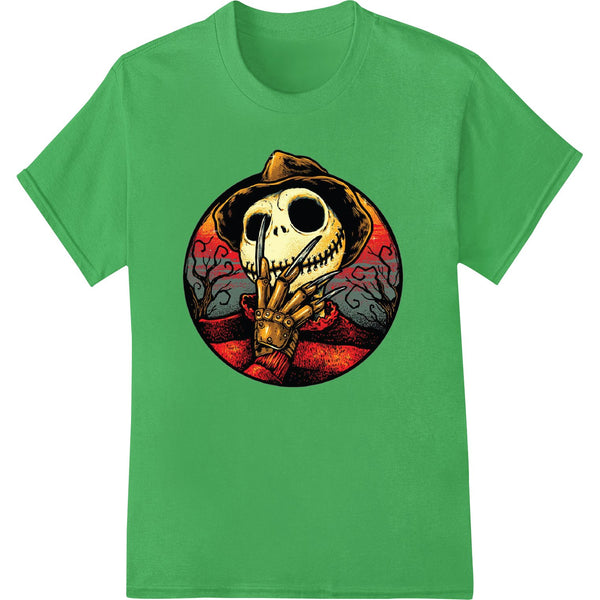 Surreal digital print design featuring a skull emerging from a desert landscape with an eerie, Halloween-inspired color...