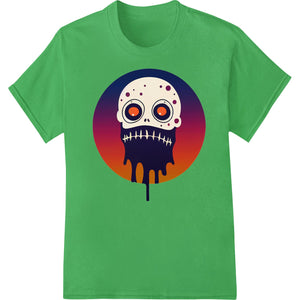 A vibrant, multicolored DTF print showcasing an eerie skull design, perfect for Halloween-themed custom apparel and t-shirt...