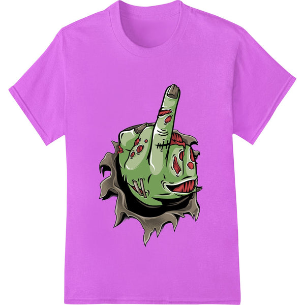 A photorealistic DTF heat transfer print design featuring a creepy, decaying zombie hand emerging from the ground