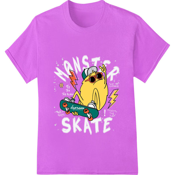 Cartoon image of a bold woman skateboarding with lightning bolt graphics, suitable for heat transfer prints on apparel.