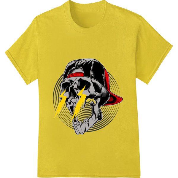 Electrifying skull graphic with lightning bolt detailing, printed with Direct to Film (DTF) technology for vibrant heat...