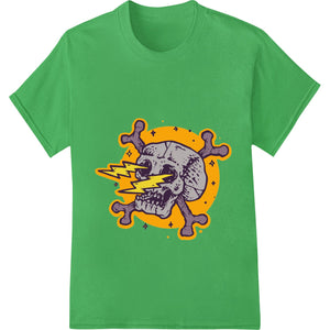 Electrifying skull design in neon colors with lightning bolt accents, ideal for Halloween DTF heat transfers on t-shirts and...