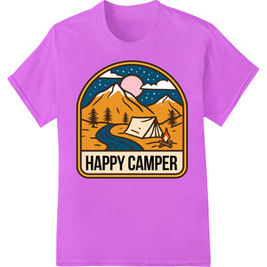 A vibrant DTF print featuring a cartoon-style camper van and the text 'Happy Camper' in a colorful and playful design.