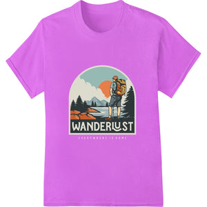 Wanderlust design featuring a compass, mountains, and wanderlust text in an adventurous style for direct to film printing.