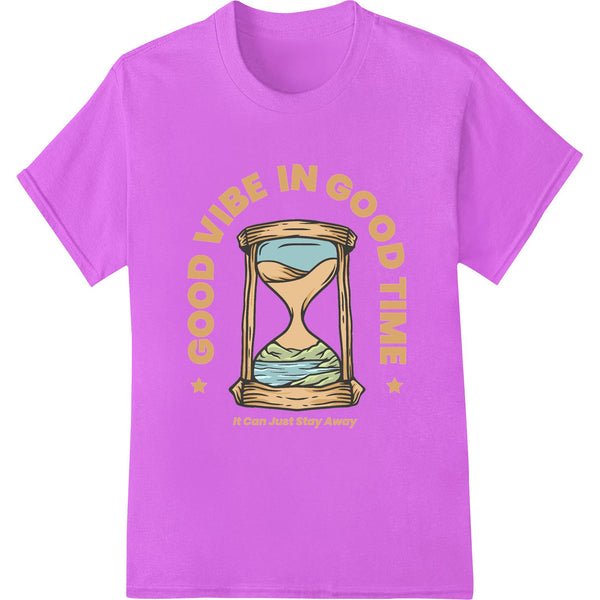 Colorful hourglass design with a beach scene printed on a DTF (direct-to-film) heat transfer material for custom apparel