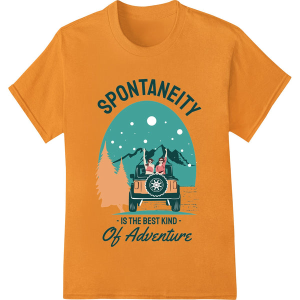 Artistic DTF print design featuring a compass, mountain landscape, and the words 'Embrace Spontaneity: Adventure Awaits'