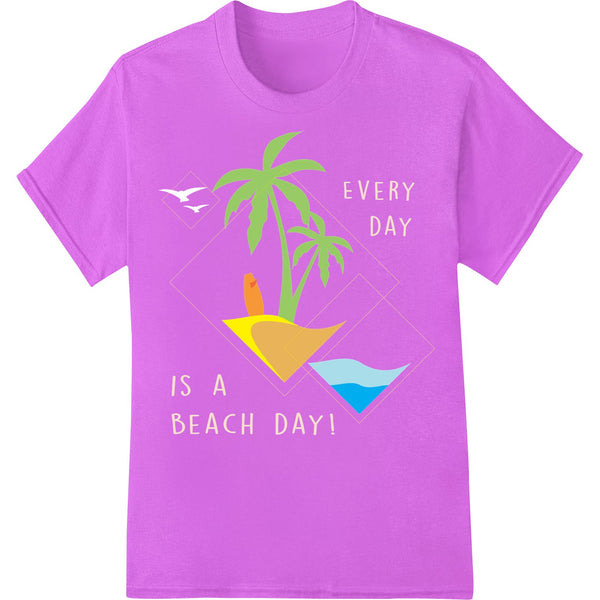 Colorful DTF heat transfer print of beach scene with palm trees and sun on a t-shirt