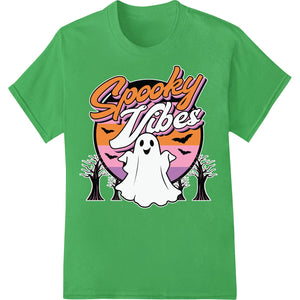 A spooky design featuring ghosts, bats, and jack-o-lanterns in purple and orange colors, ideal for Halloween-themed apparel.