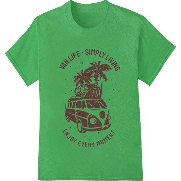 Colorful van life inspired DTF print heat transfer design featuring mountains, trees and a vintage van for custom apparel