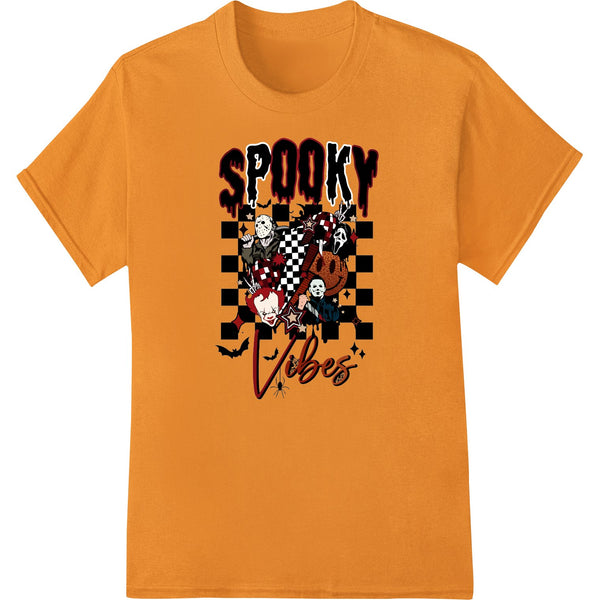 Black and white skeleton design with the text 'Spooky Vibes' in a stylish vintage font, perfect for Halloween custom apparel.