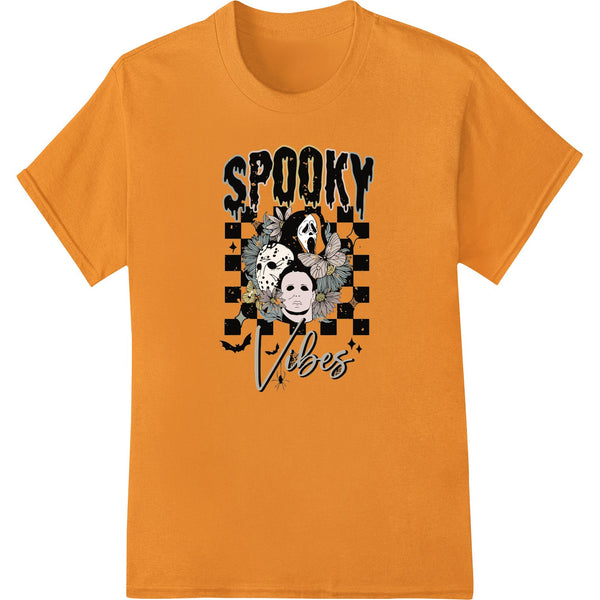 Haunting orange and black Halloween-themed DTF print with ghosts, bats, and a creepy tree for custom t-shirt designs.