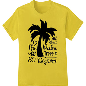 A vibrant DTF print design featuring tropical palm trees and a bright sun against a blue background, ideal for heat...