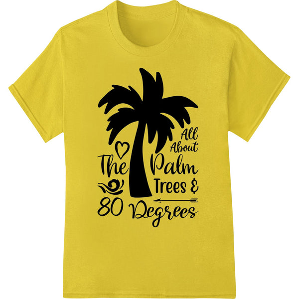 A vibrant DTF print design featuring tropical palm trees and a bright sun against a blue background, ideal for heat...