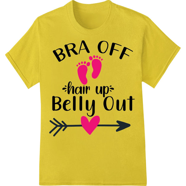 Playful maternity t-shirt design featuring a cute graphic embracing the baby bump, printed using the DTF (Direct to Film)...