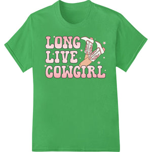 A bold and sassy 'Long Live Cowgirl' text design printed with the direct-to-film (DTF) technique on a black t-shirt...