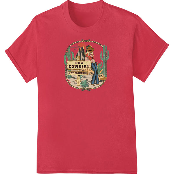 Vintage-inspired Western graphic with a cowgirl riding a horse, designed for heat transfer and direct-to-film printing.