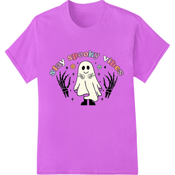 Playful skeleton illustration in orange and black, perfect for a spooky yet fun Halloween design on custom apparel.