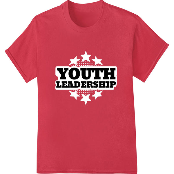 Black and white DTF transfer design with 'Youth Leadership' text and fist logo, promoting youth empowerment