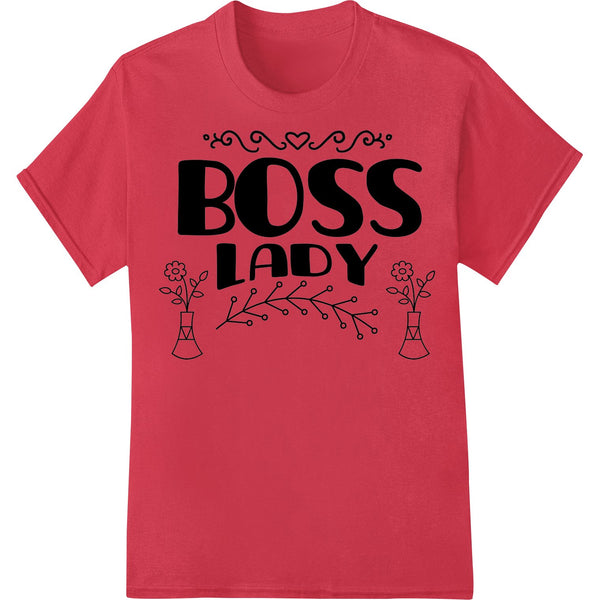 Bold black and white DTF print with the text 'Boss Lady' designed for heat transfer onto apparel like t-shirts