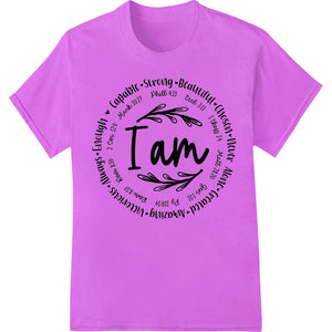 Black text design with the empowering affirmation 'I Am' on a white background, suitable for heat transfer printing on...